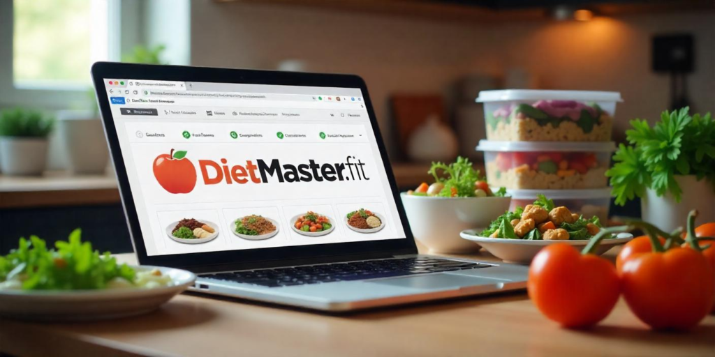 Meal prep software on a laptop displaying DietMaster.fit logo, surrounded by healthy meal prep containers and fresh ingredients.