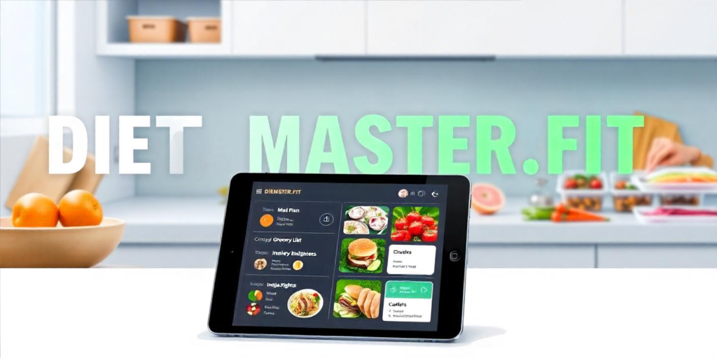 A digital tablet displaying meal prep software on a kitchen counter with organized meal plans and grocery lists, featuring DIETMASTER.FIT.