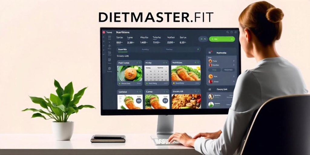 Digital meal planning dashboard with meal prep software features, showcasing a nutritionist working on DIETMASTER.FIT.