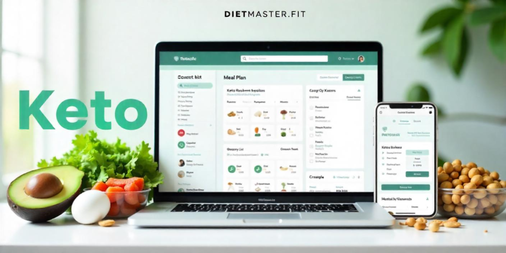 Keto meal prep software interface on laptop and smartphone with meal plans, grocery lists, and keto-friendly foods.