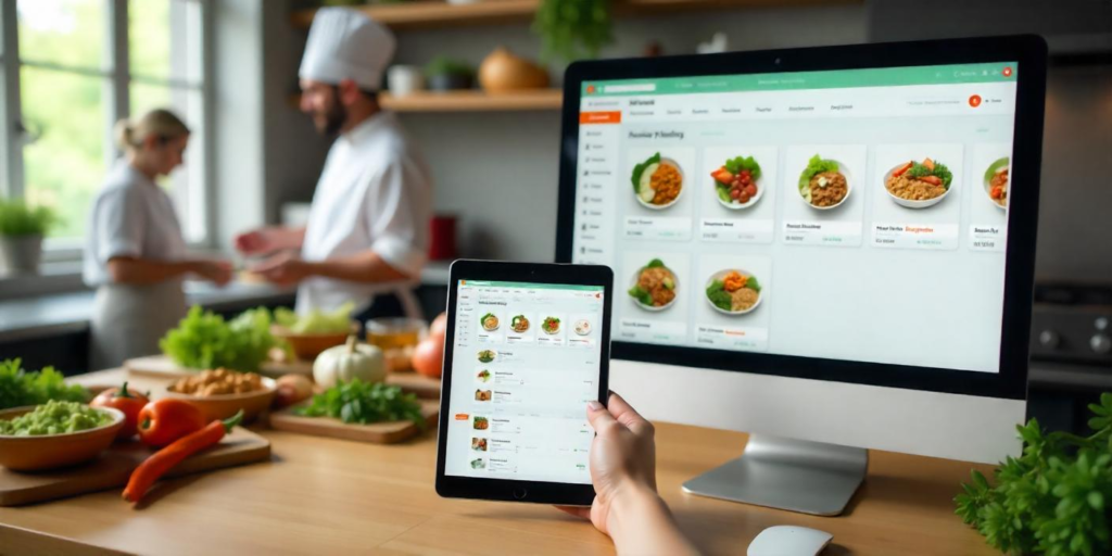 A futuristic digital meal-planning interface powered by Odoo integration, displaying structured diet plans, inventory tracking, and client progress