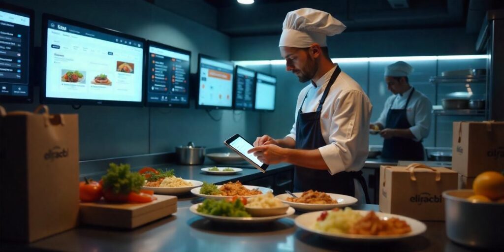 A futuristic kitchen in Kuwait with multiple screens displaying diet food prep software, a chef using a tablet, and labeled meal delivery bags.