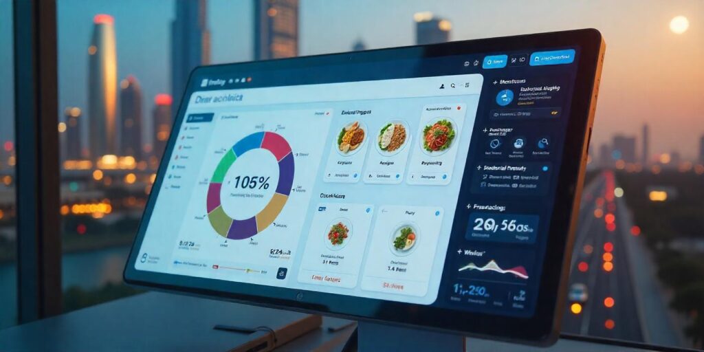 A futuristic digital dashboard showcasing diet meal prep software with meal planning, nutritional analysis, and order tracking, set against a UAE cityscape.